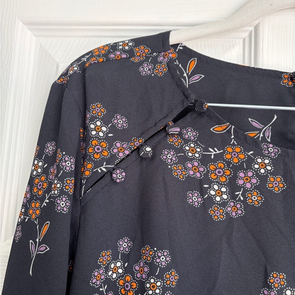 LOFT Navy Floral Blouse with Orange and Purple Accents - Picture 4 of 4